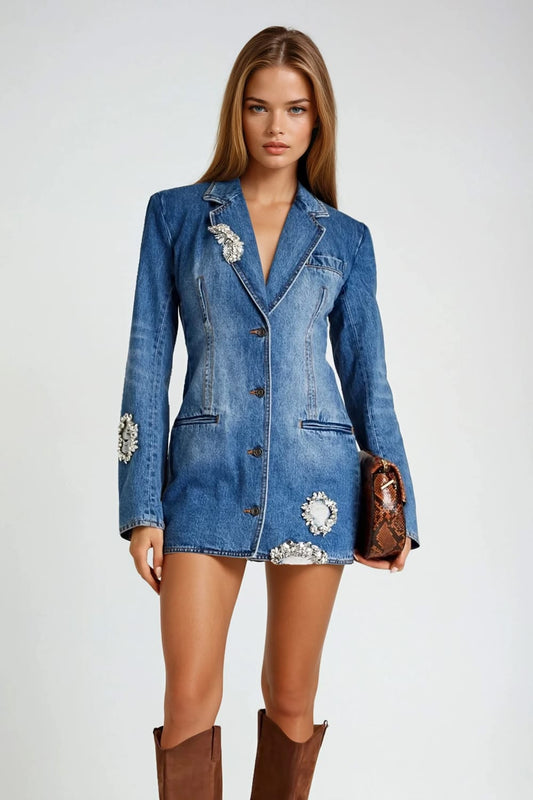 Denim Embellished Blazer Style Mini Dress with Cut-Out Back - Blue
