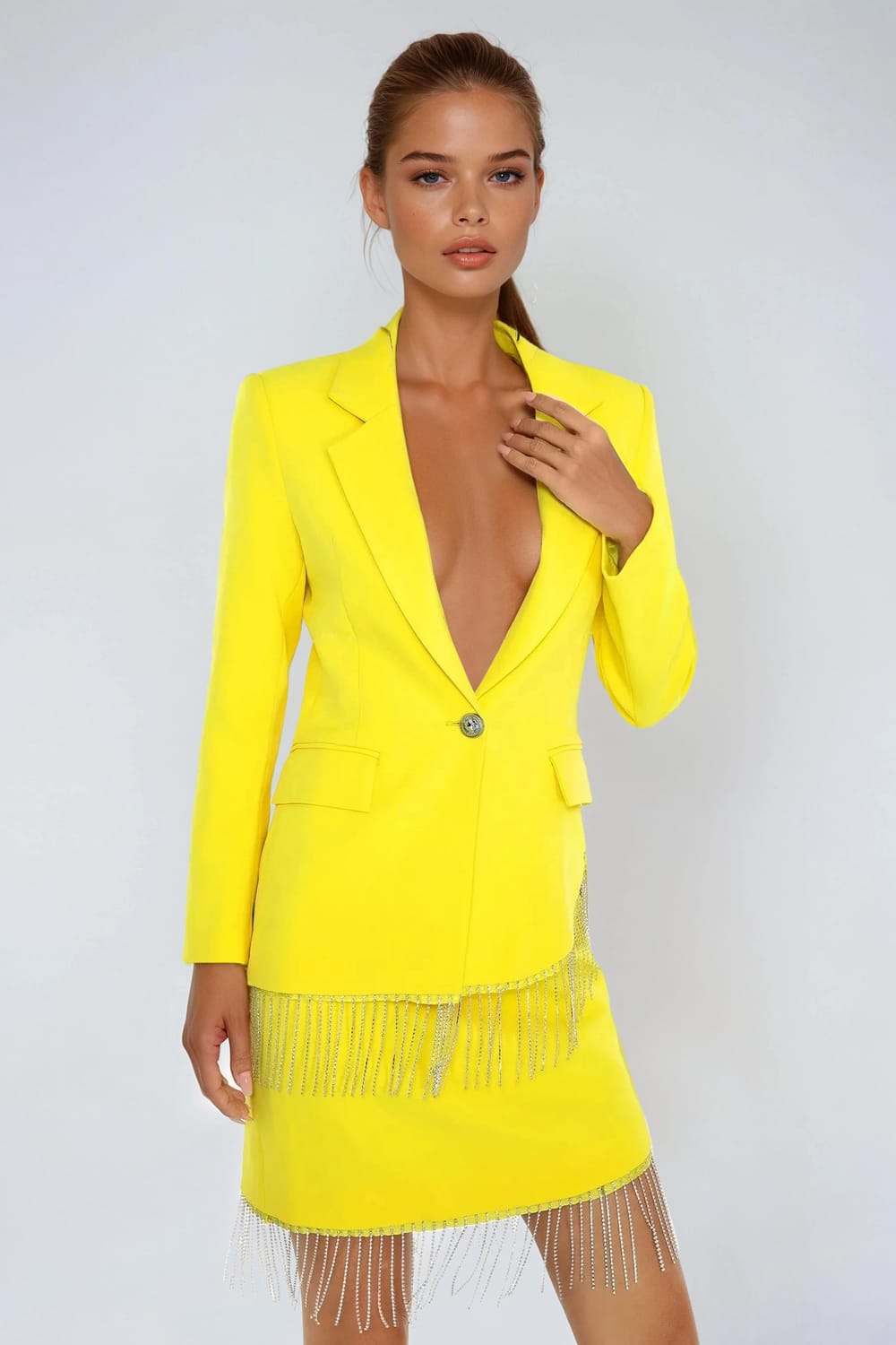 Two-Piece Set with Blazer and Mini Skirt Fringe Detail - Yellow