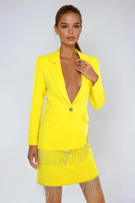Two-Piece Set with Blazer and Mini Skirt Fringe Detail - Yellow