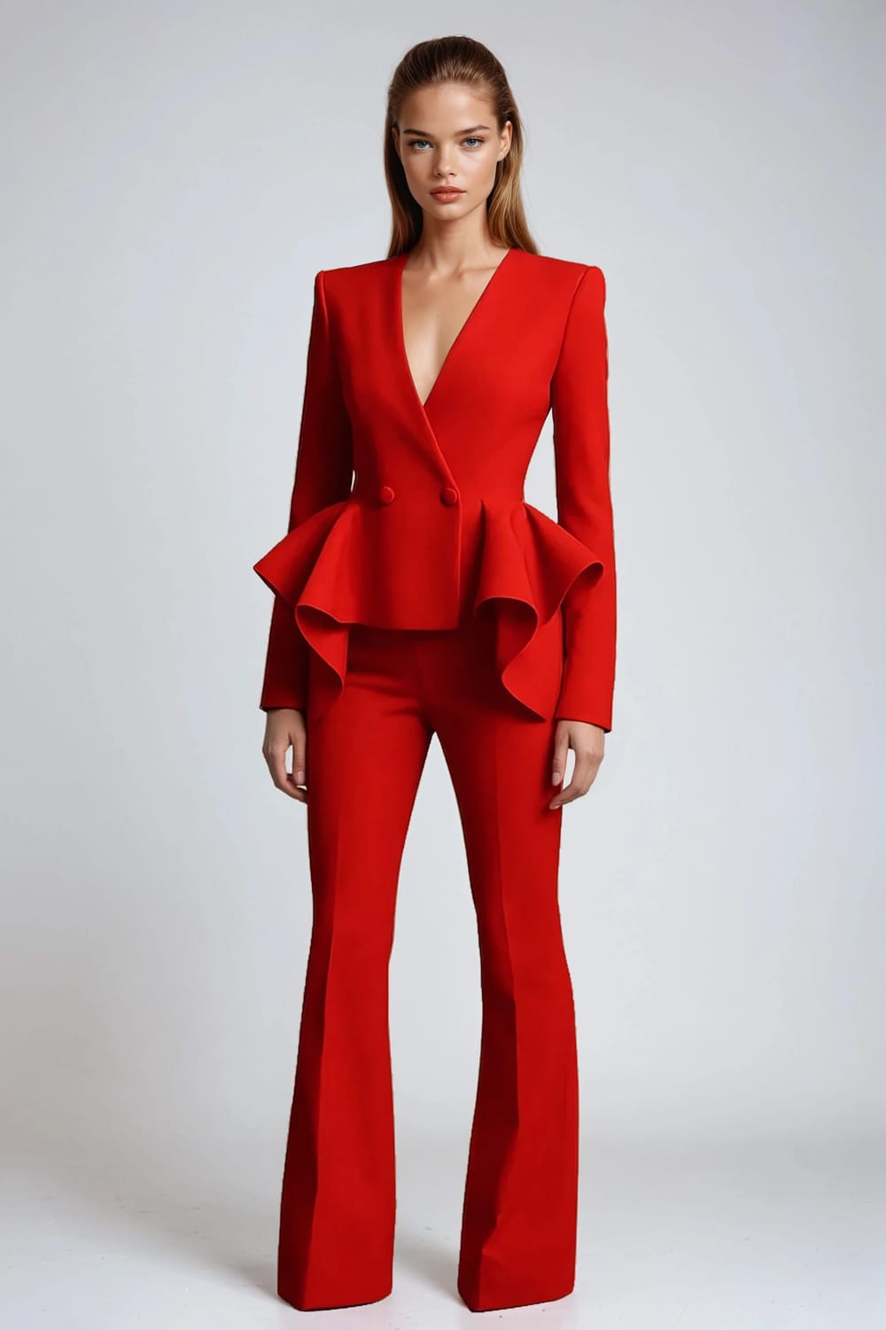 Two-Piece Set with Draped Peplum Blazer and Flared Trousers - Red