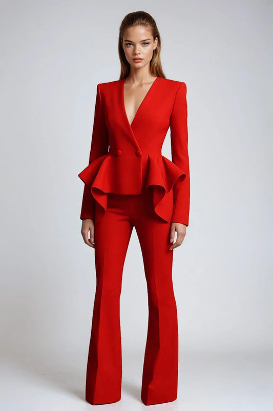 Two-Piece Set with Draped Peplum Blazer and Flared Trousers - Red