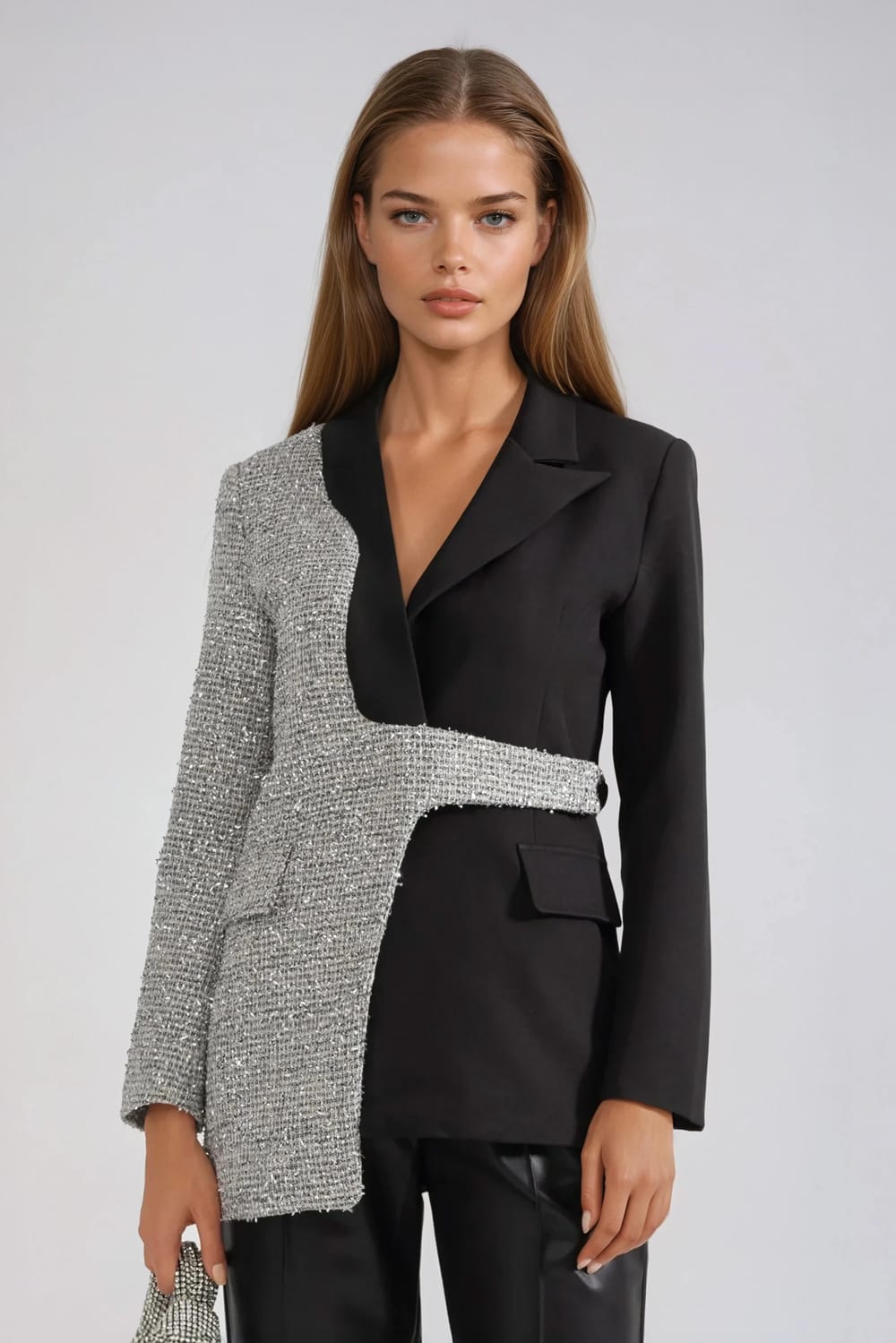 Asymmetrical Blazer with Sequin Panel Detail - Black