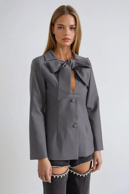 Blazer with Oversized Bow Tie Neck - Gray