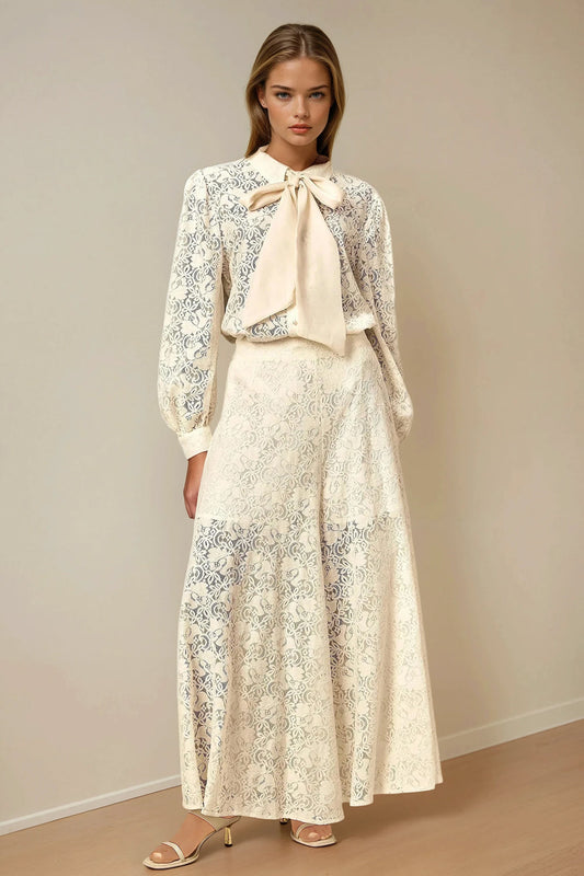 Two-Piece Set with Bow Neck Lace Top and Wide-Leg Trousers - Apricot