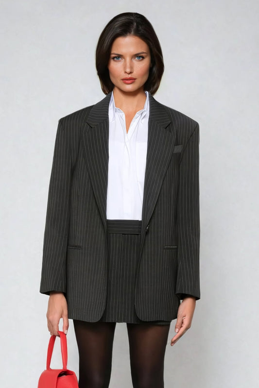 Single-Button Pinstripe Blazer - Dark Gray