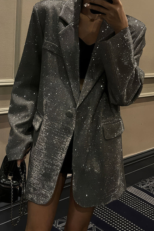 Sequin Embellished Blazer with Lapel Collar - Gray