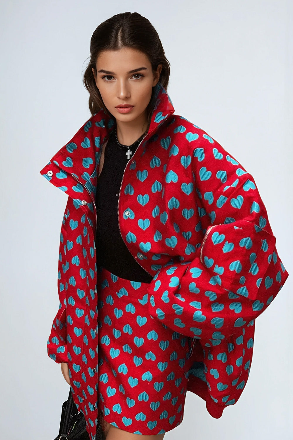 Heart-Patterned Puffer Jacket and Skirt Set - Red