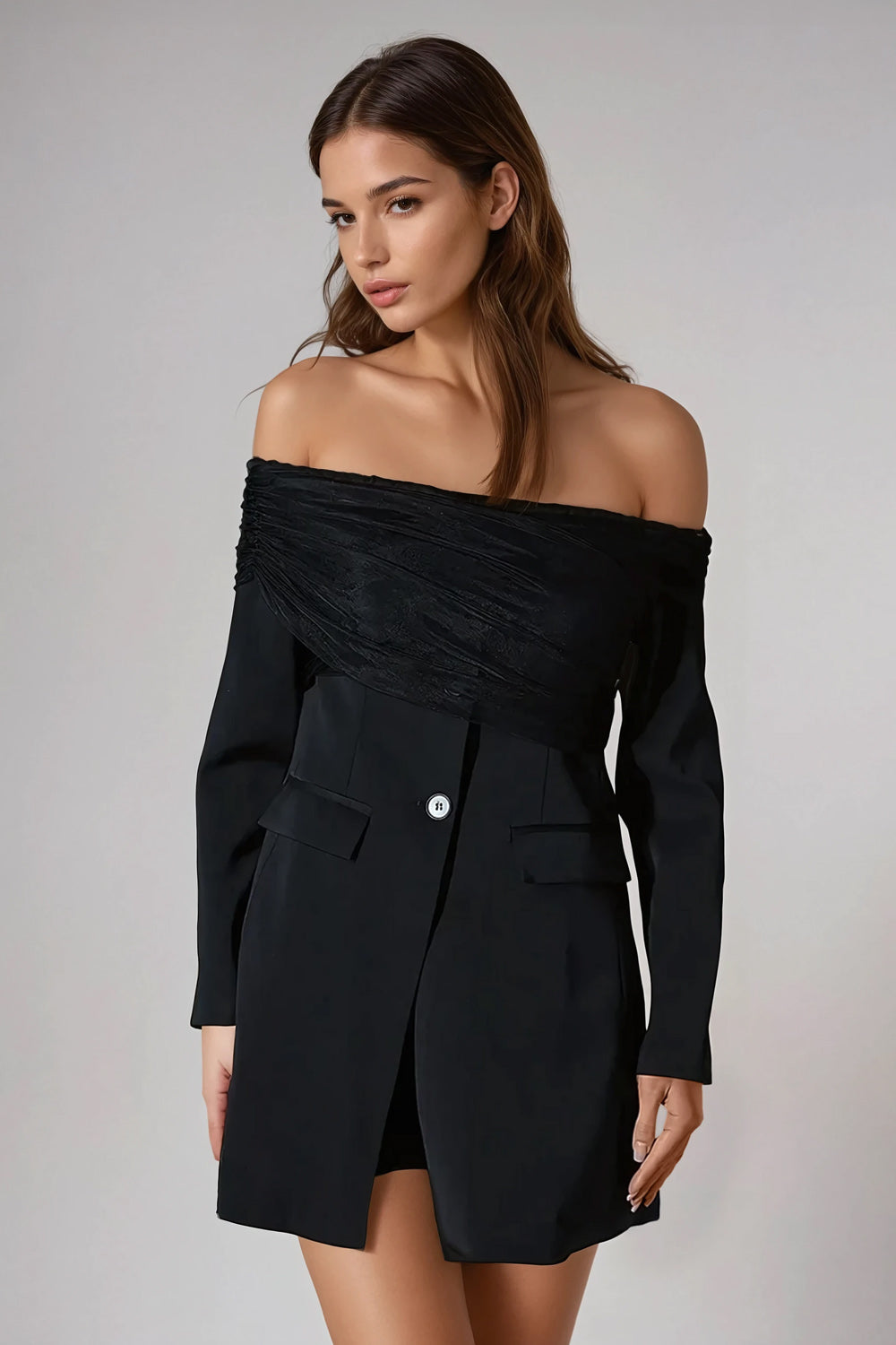 Off-Shoulder Blazer-Style Mini Dress - Black