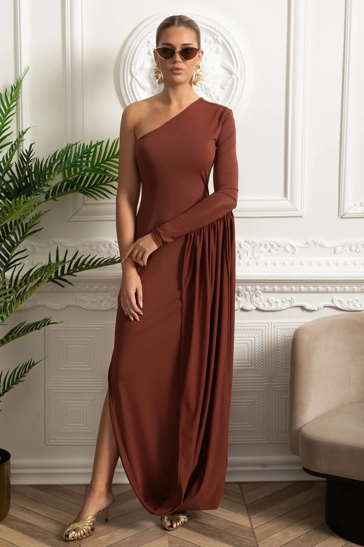 One-Shoulder Draped Maxi Dress - Brown