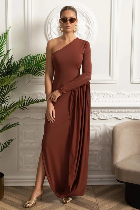 One-Shoulder Draped Maxi Dress - Brown