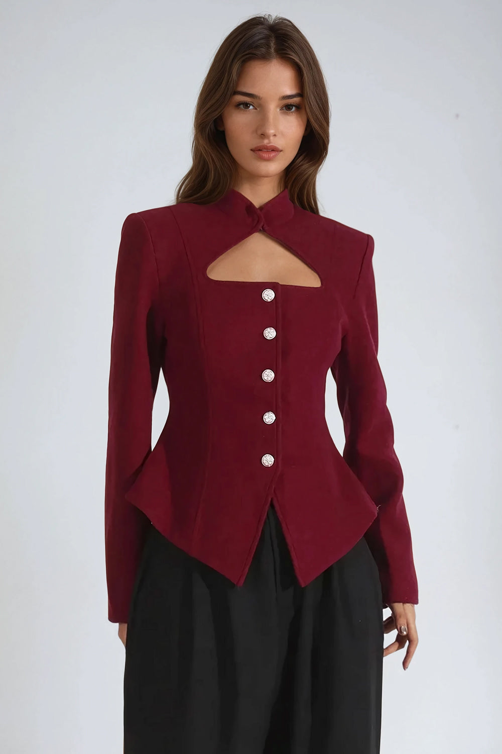 Tailored Long Sleeve Jacket with Button Detail and Cutout Front - Red