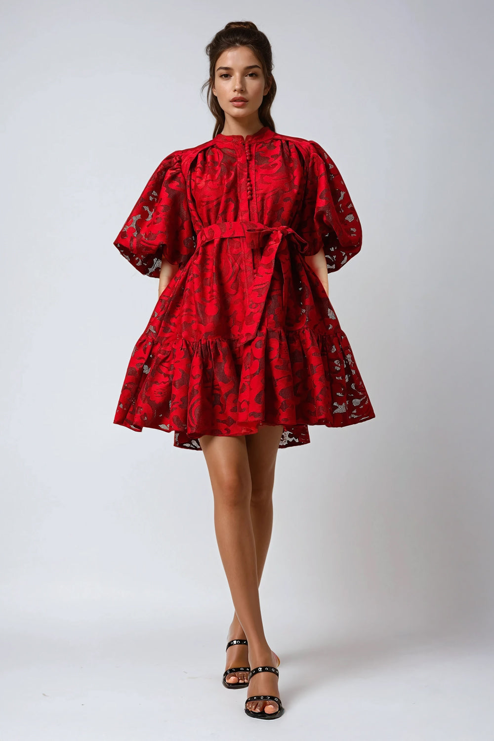 Lace Puff Sleeve Mini Dress - Red