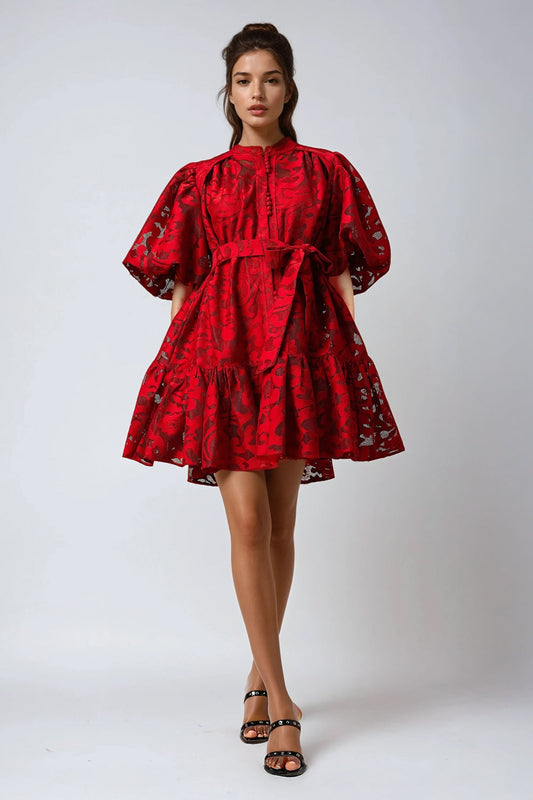 Lace Puff Sleeve Mini Dress - Red