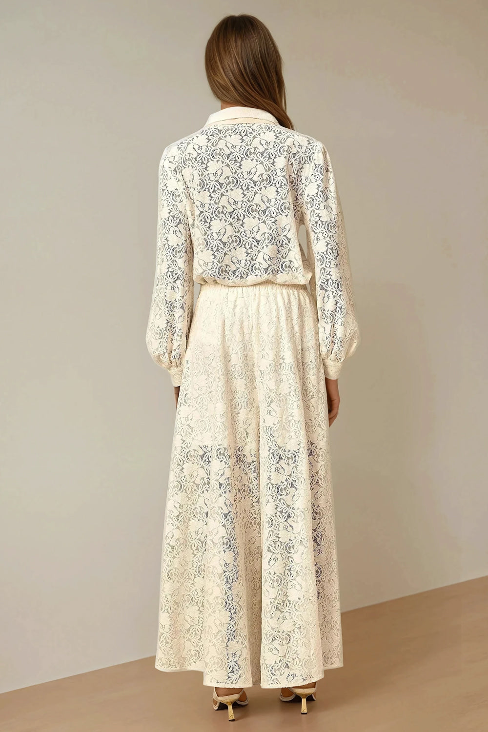 Two-Piece Set with Bow Neck Lace Top and Wide-Leg Trousers - Apricot
