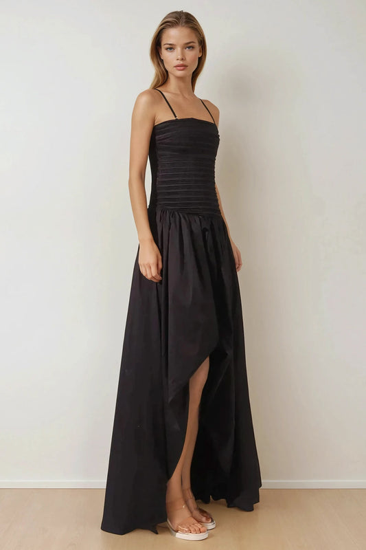 Sleeveless Ruched Maxi Dress with Balloon Skirt - Black