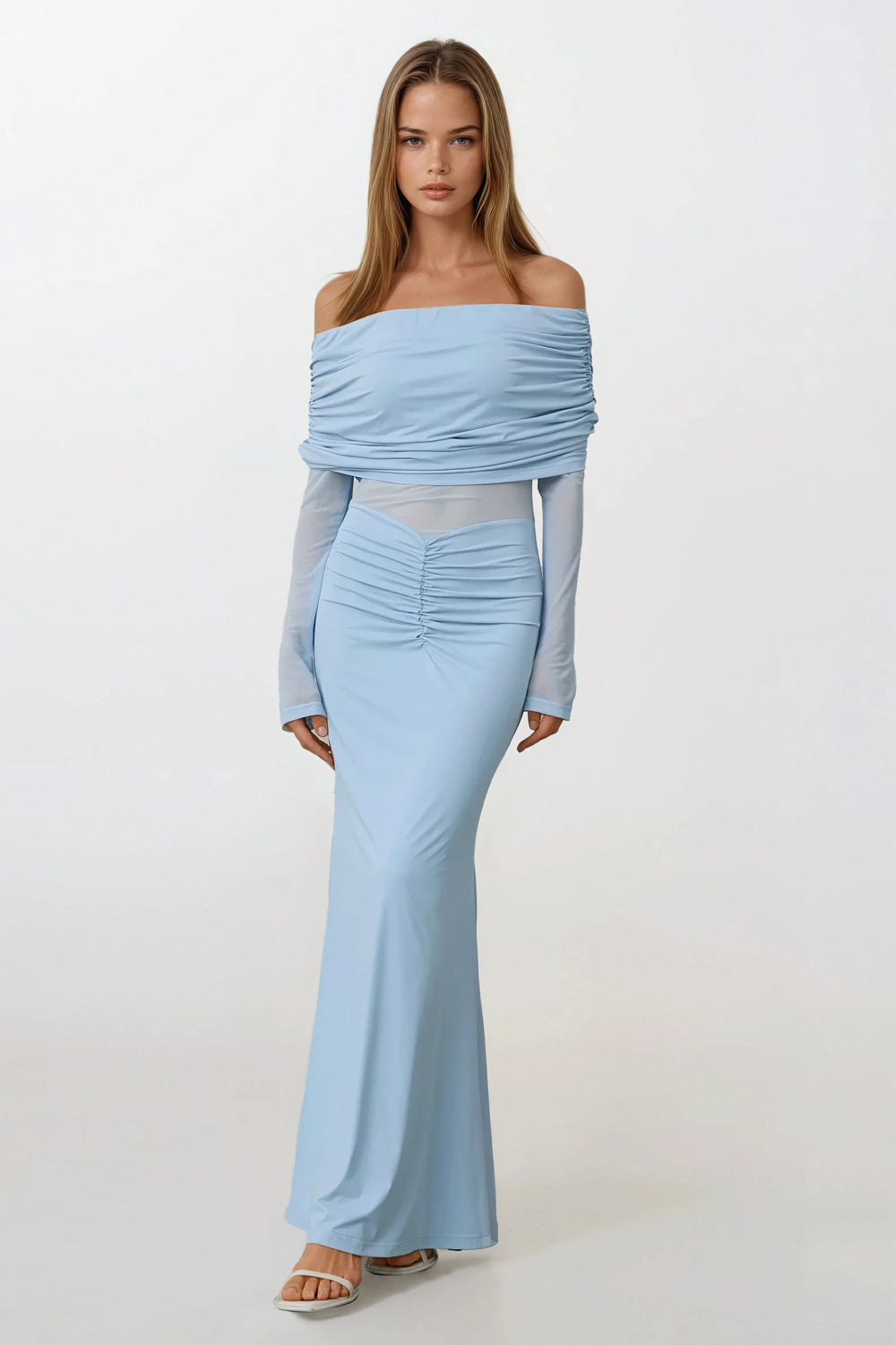 Off-Shoulder Longsleeves Ruched Maxi Dress - Blue
