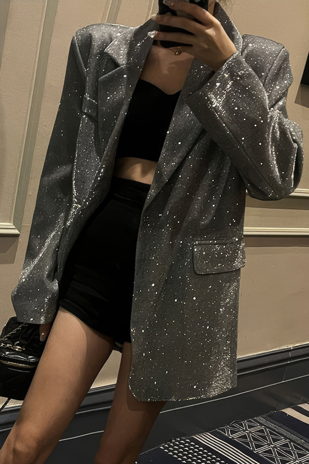 Sequin Embellished Blazer with Lapel Collar - Black
