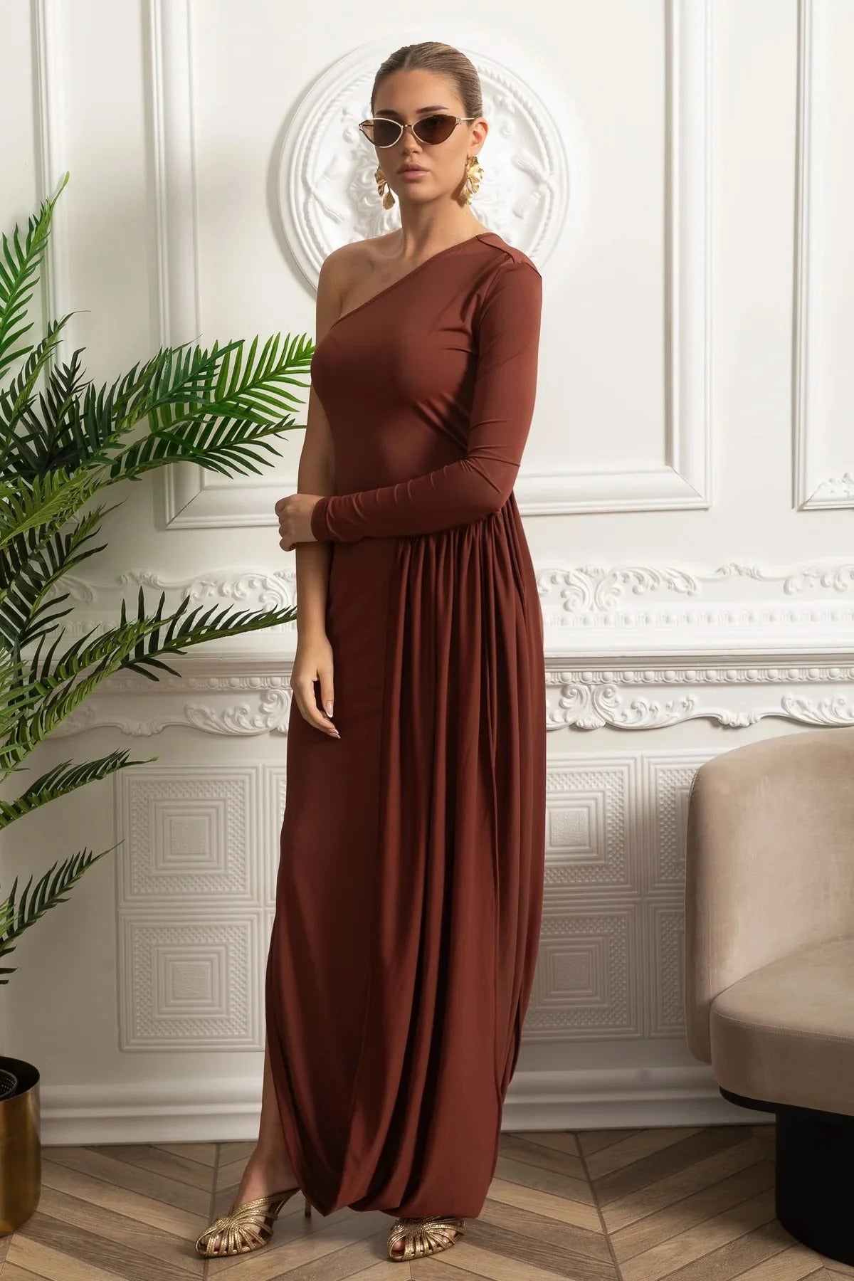 One-Shoulder Draped Maxi Dress - Brown