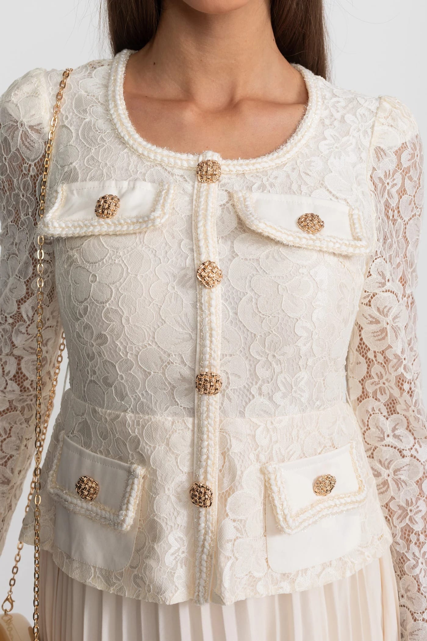 Lace Sleeve Pleated Midi Dress - White