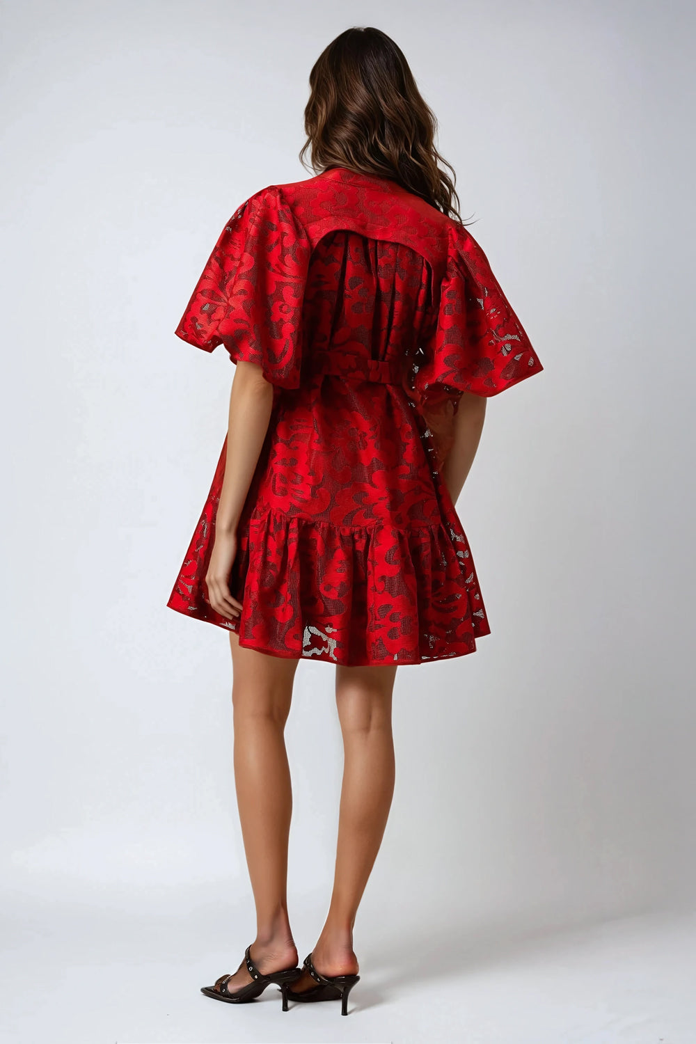 Lace Puff Sleeve Mini Dress - Red