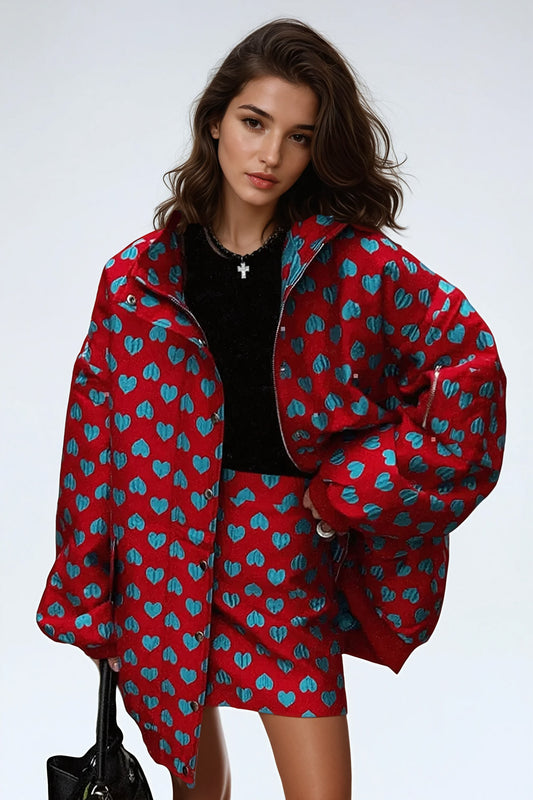 Heart-Patterned Puffer Jacket and Skirt Set - Red