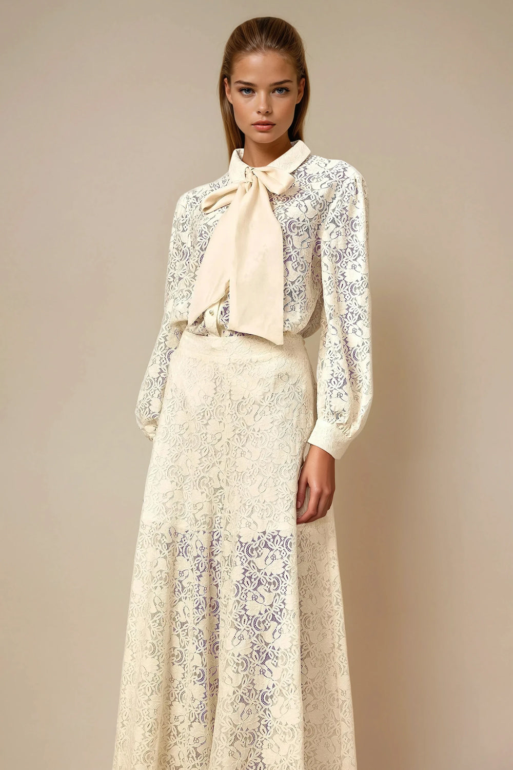 Two-Piece Set with Bow Neck Lace Top and Wide-Leg Trousers - Apricot