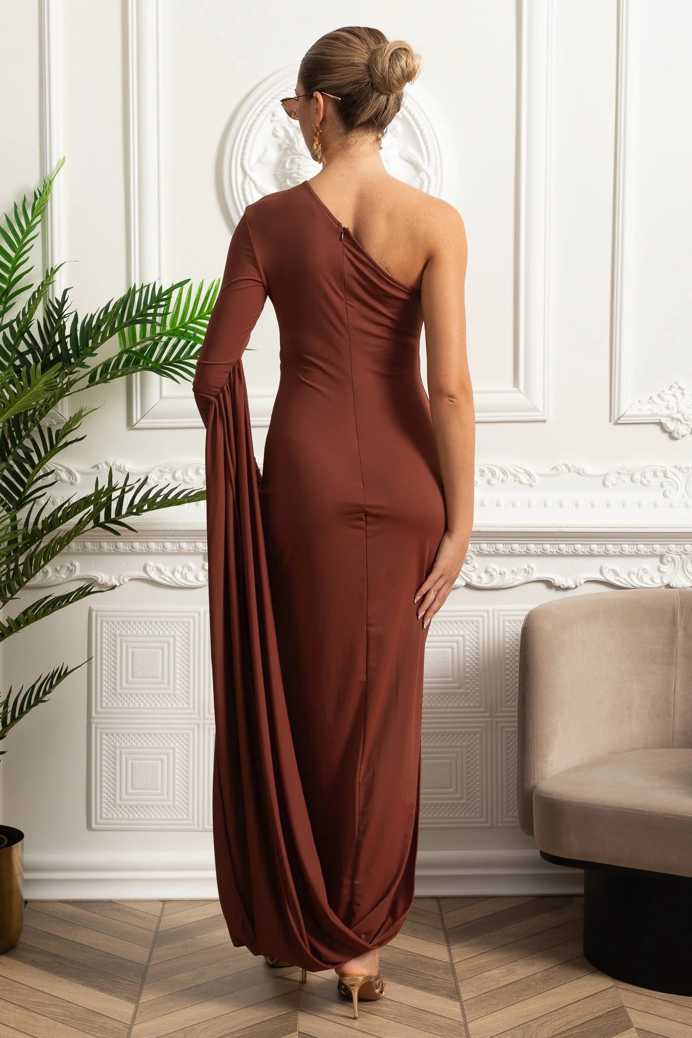 One-Shoulder Draped Maxi Dress - Brown