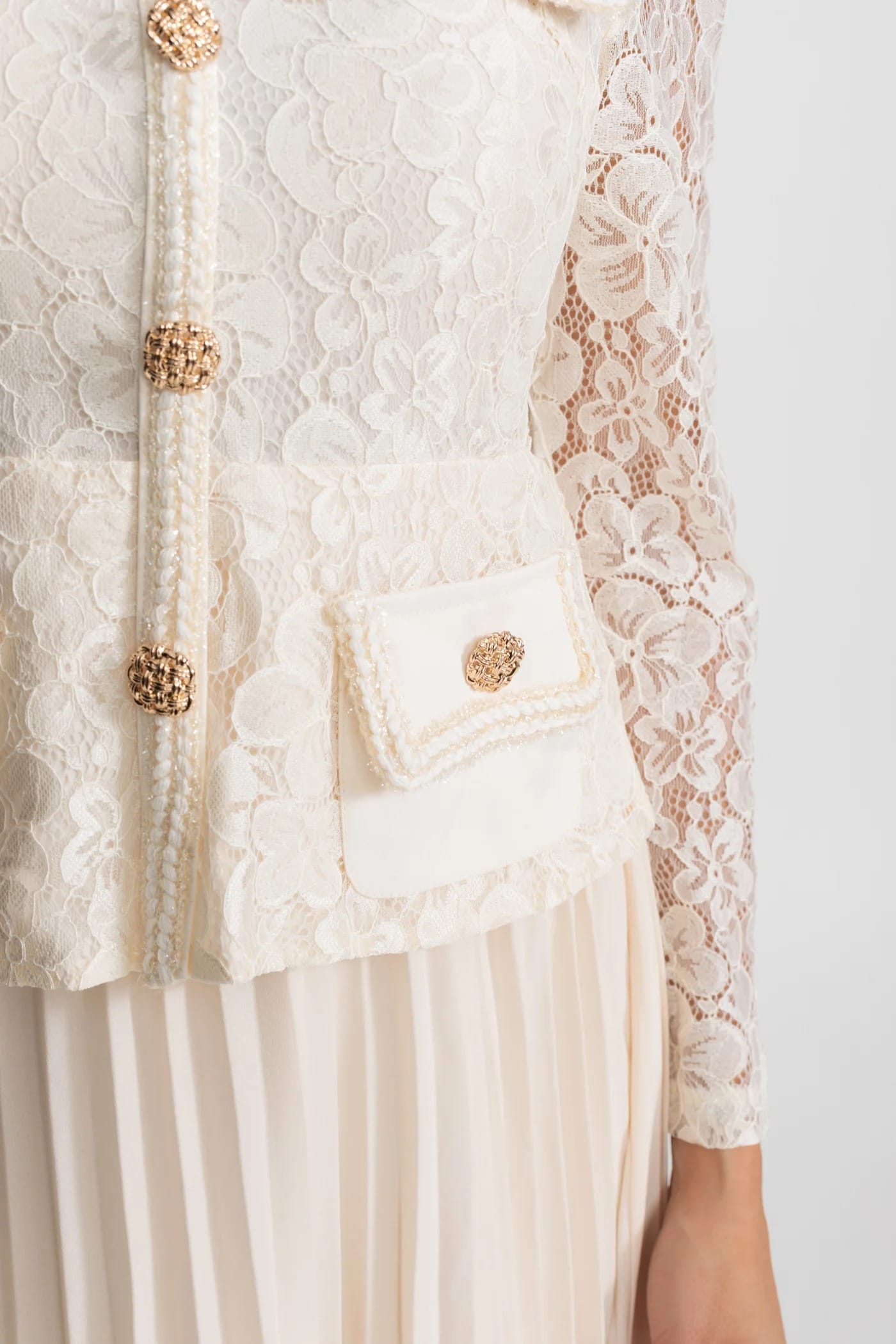 Lace Sleeve Pleated Midi Dress - White