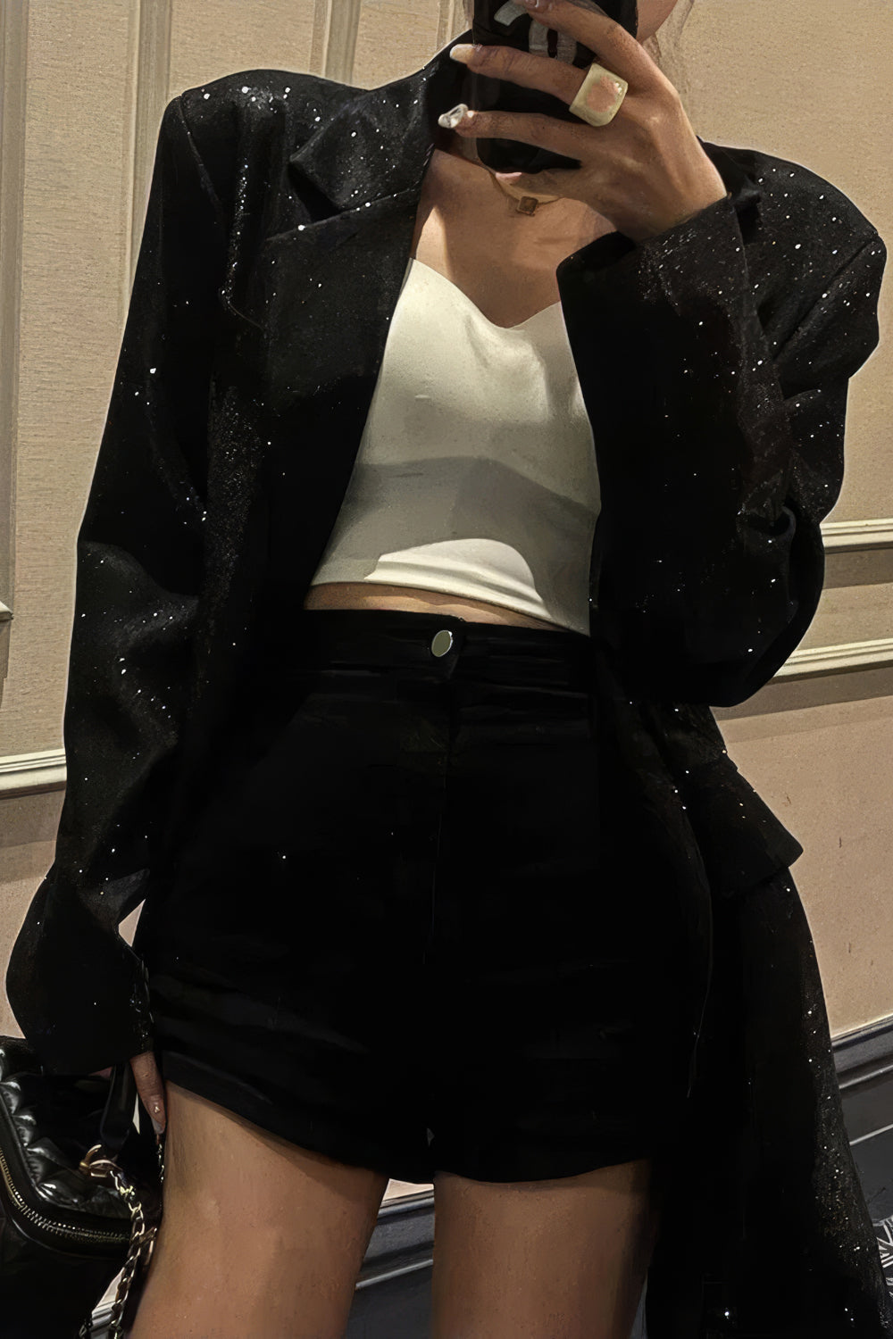 Sequin Embellished Blazer with Lapel Collar - Black