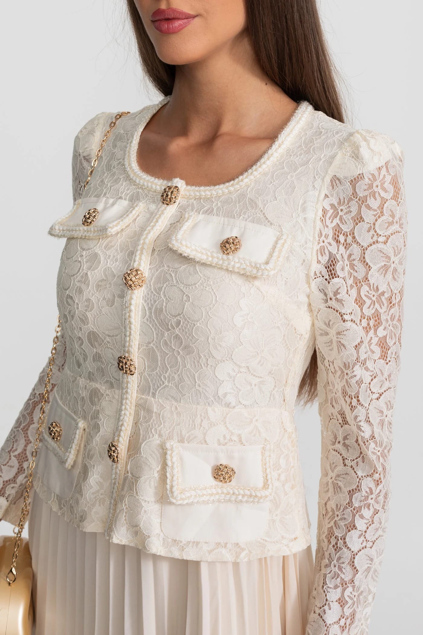 Lace Sleeve Pleated Midi Dress - White