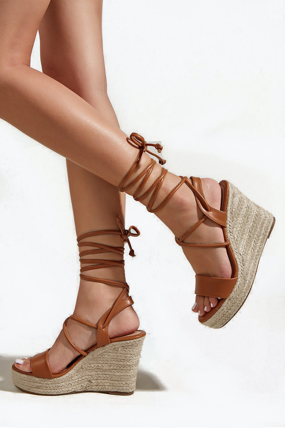 Lace-Up Espadrille Wedge Sandals - Brown