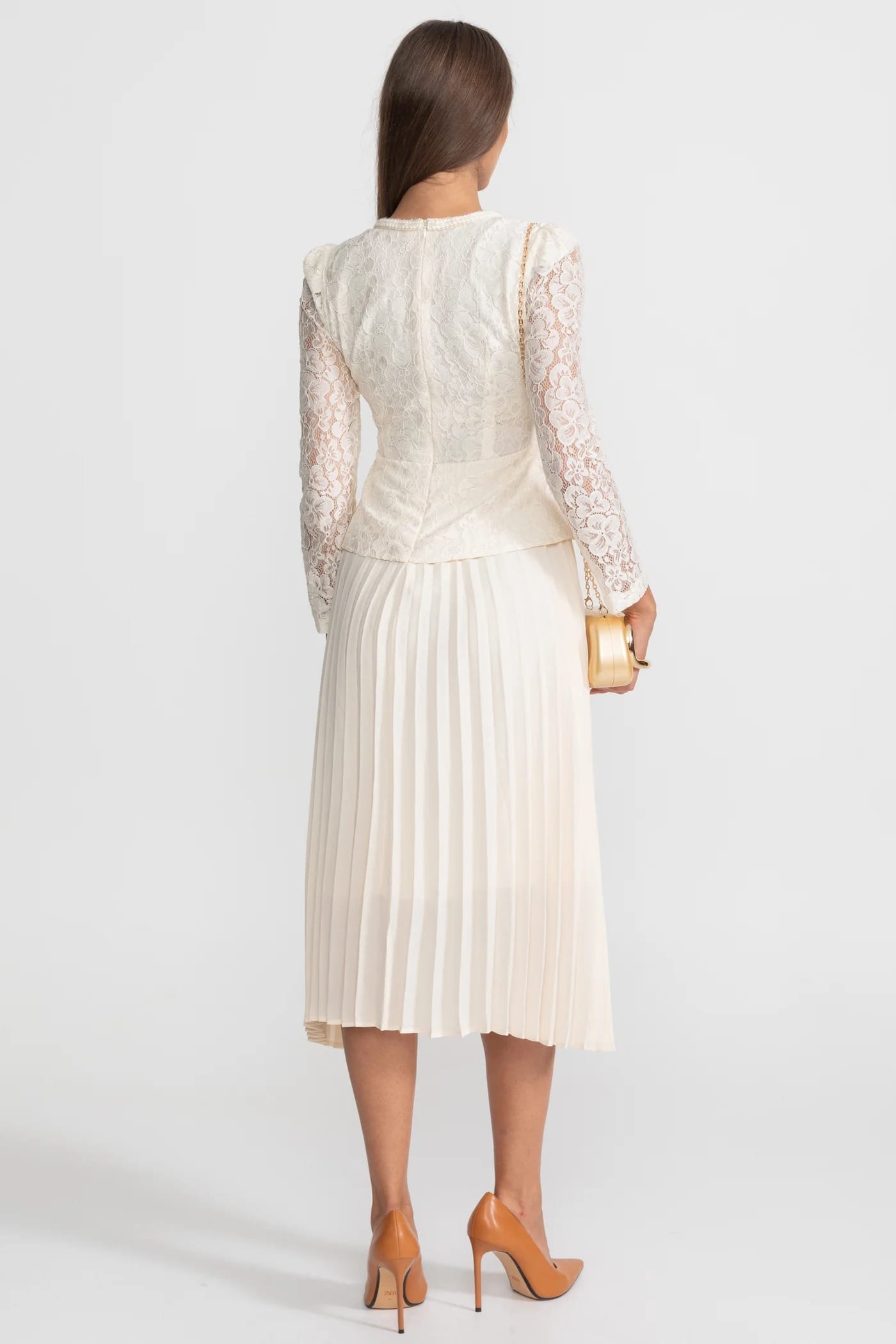 Lace Sleeve Pleated Midi Dress - White