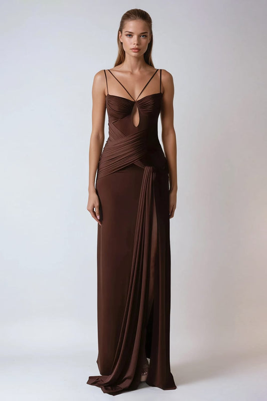 Strappy Maxi Dress with Cutout and Draped Skirt - Brown