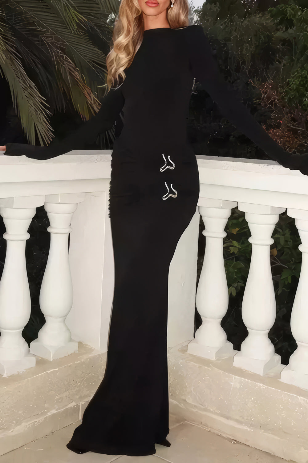 Flared Long Sleeve Maxi Dress with Metallic Detail