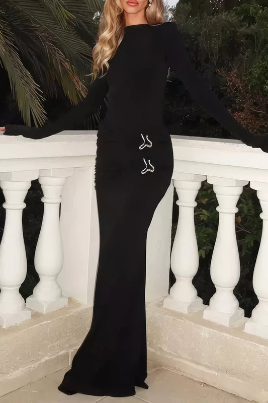 Flared Long Sleeve Maxi Dress with Metallic Detail
