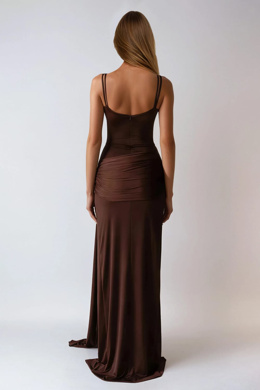 Strappy Maxi Dress with Cutout and Draped Skirt - Brown