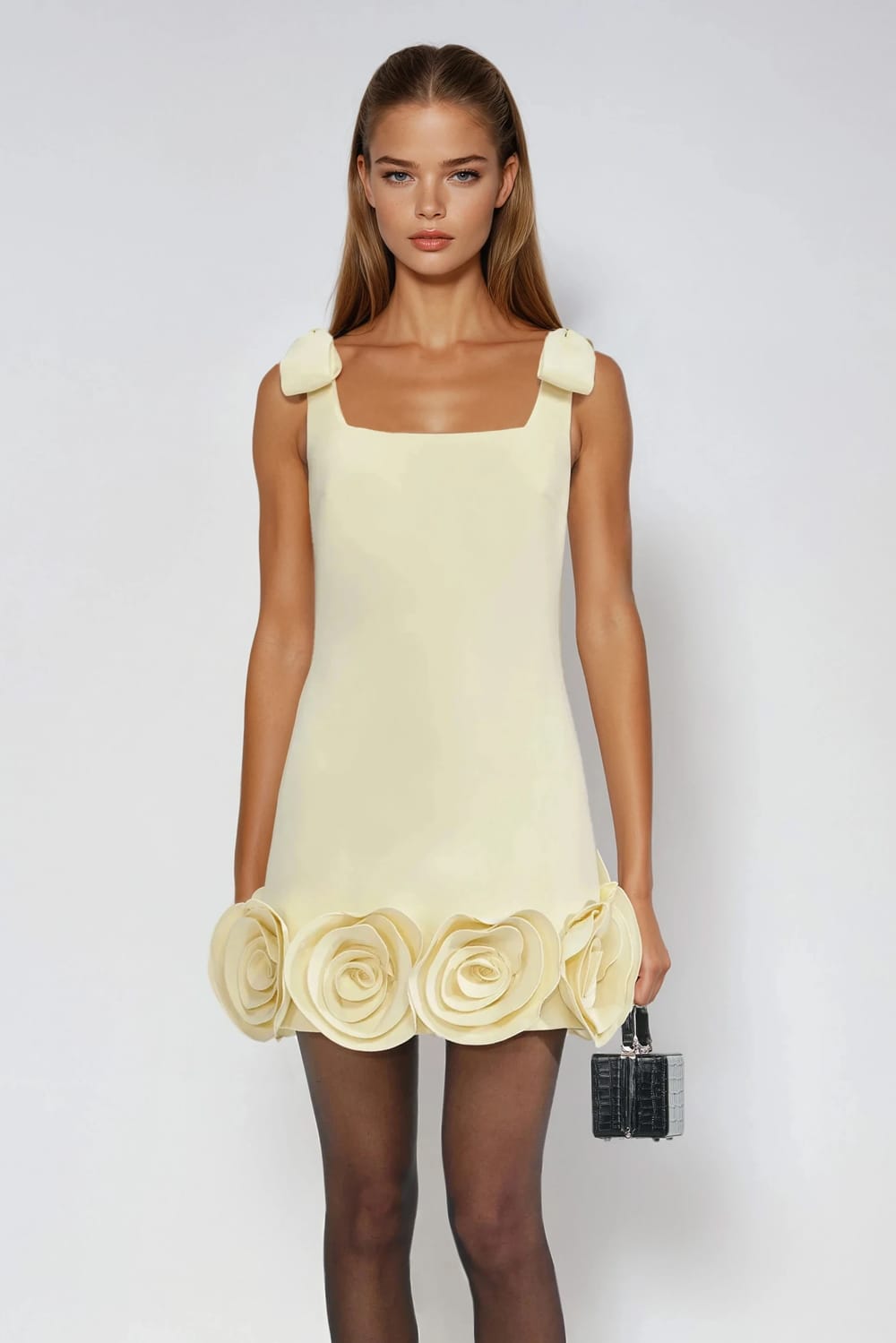 Sleeveless Mini Dress with Bow Straps and 3D Floral Hem - Yellow