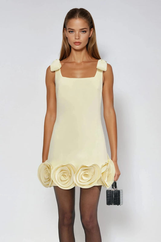 Sleeveless Mini Dress with Bow Straps and 3D Floral Hem - Yellow