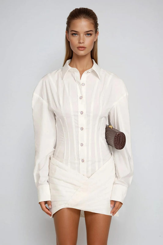 Long Sleeve Button-Up Mini Dress with Structured Waist - White