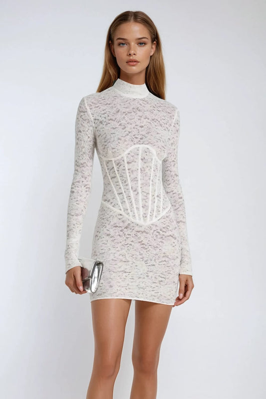 Long Sleeve Lace Corset Detail Mini Dress - White