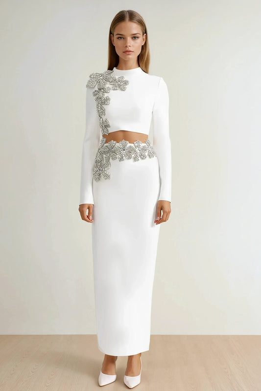 Two-Piece Set with High Neck Long Sleeve Crop Top and Maxi Skirt - White