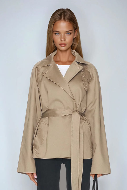 Belted Jacket with Drape Detail - Brown