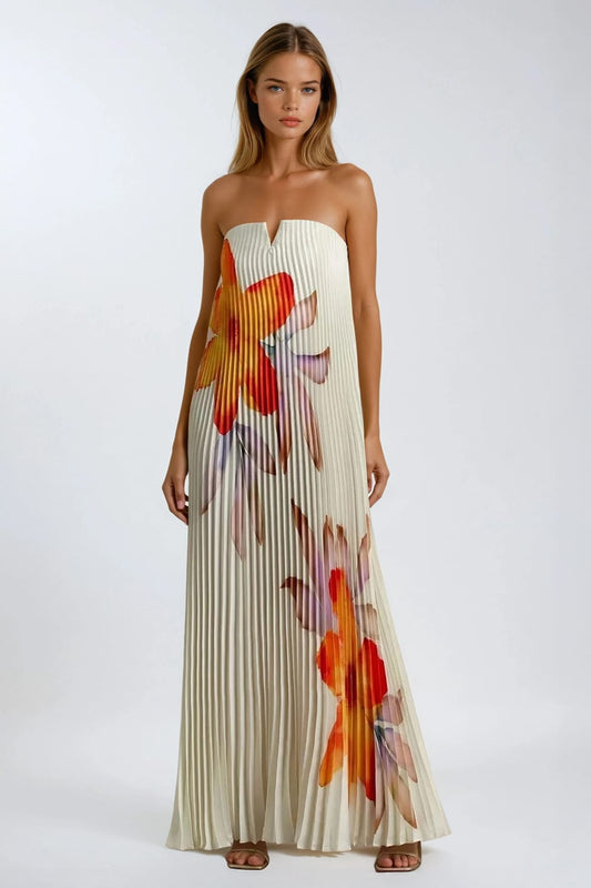 Strapless Pleated Maxi Dress with Floral Print - White
