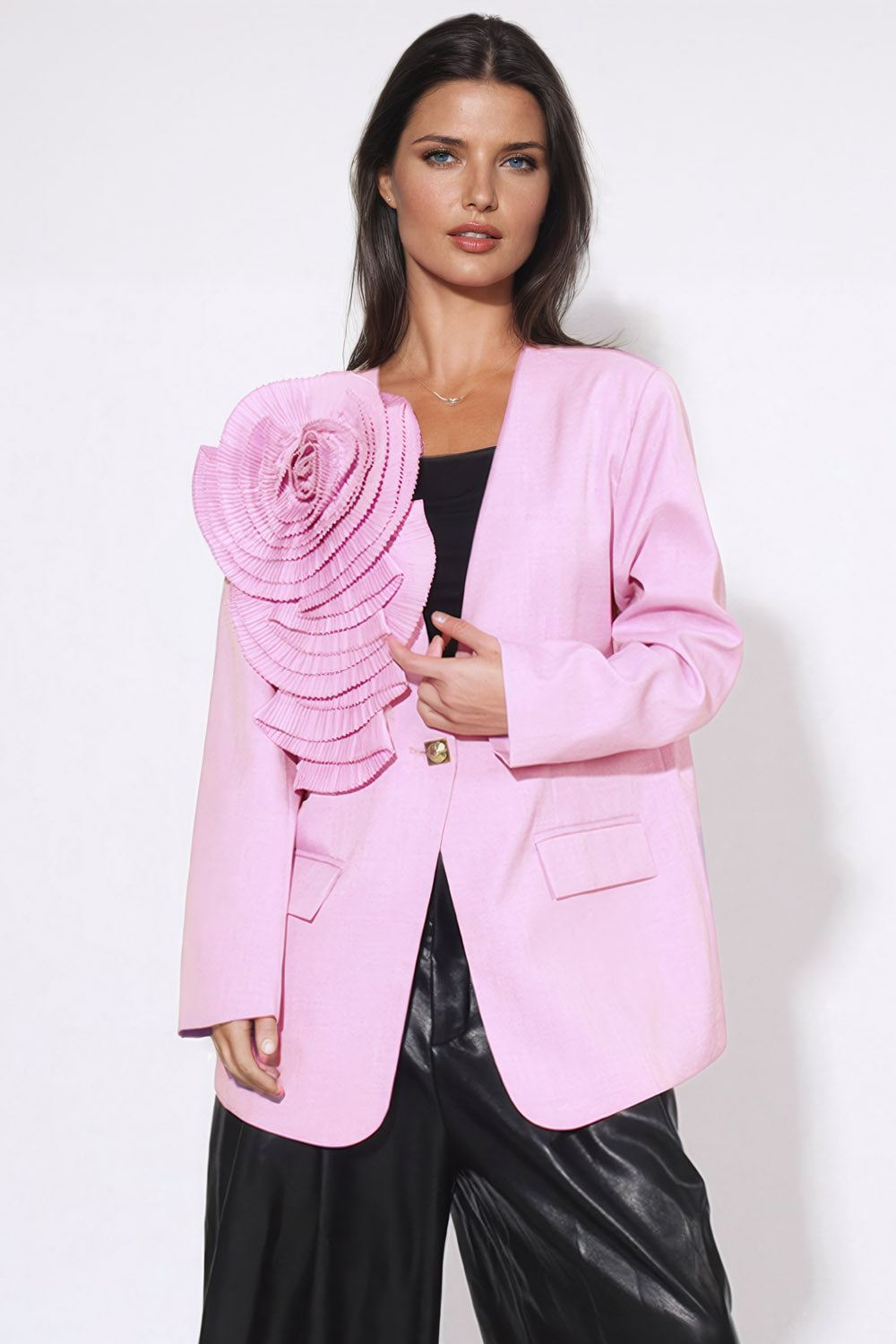 Blazer with V-Neckline and 3D Flower Accent - Pink