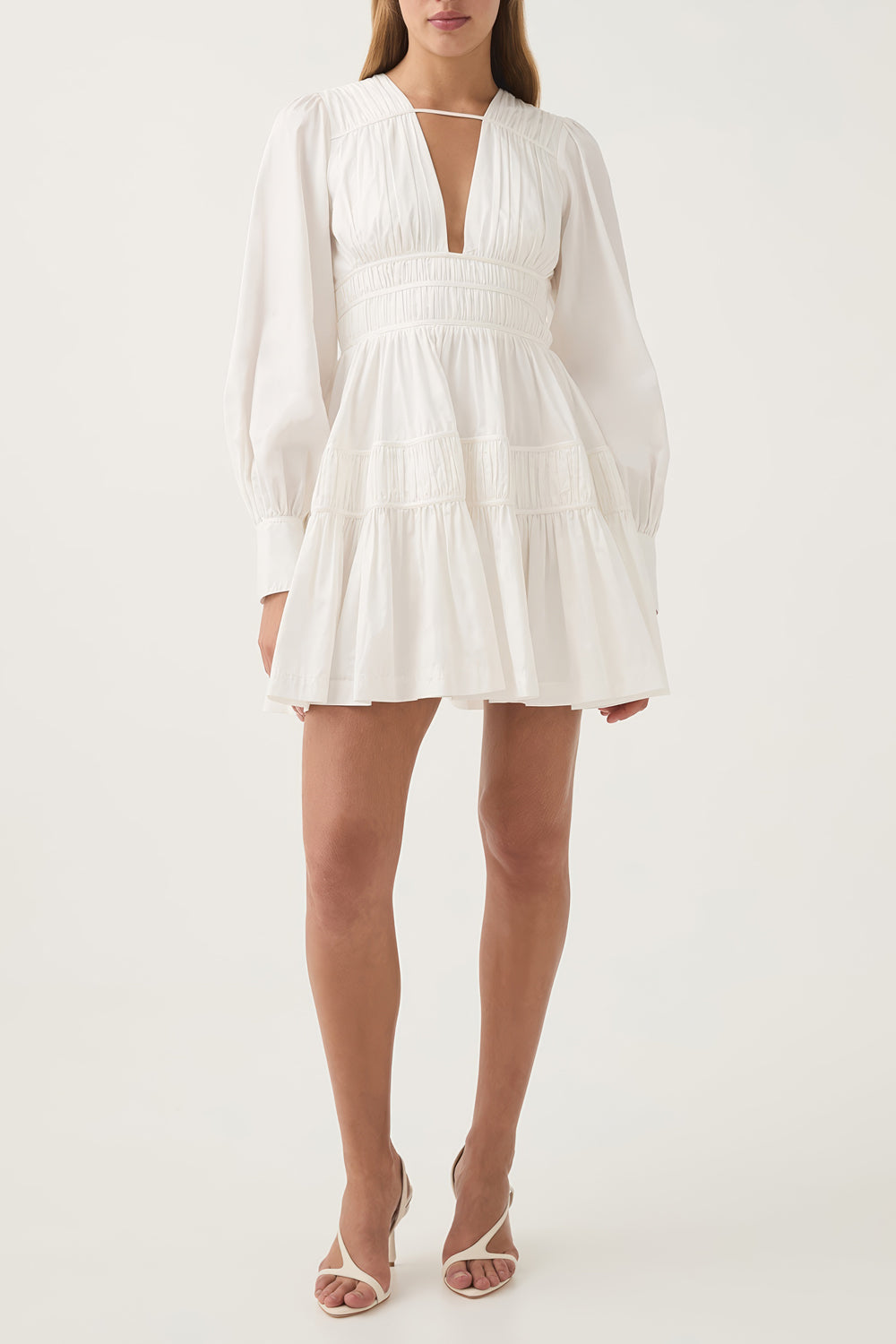 Plunge Neckline Mini Dress with Puff Sleeves