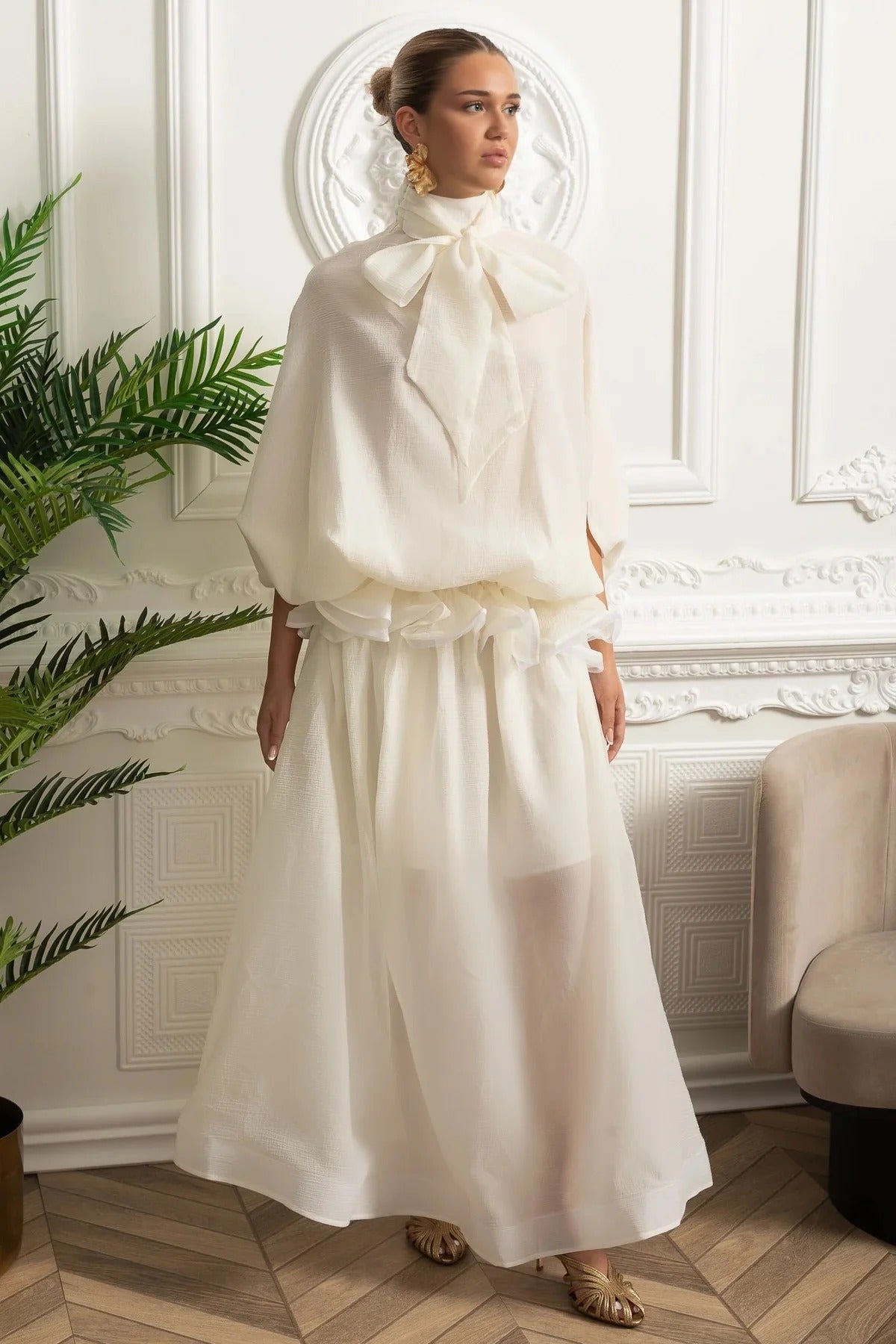 Two-Piece Blouse and Maxi Skirt Set with Rosette Waist Detail - White