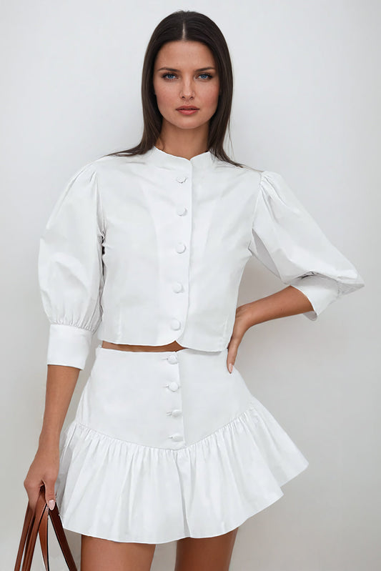 Two-Piece Set with Puff Sleeve Button-Up Top and Ruffled Mini Skirt - White