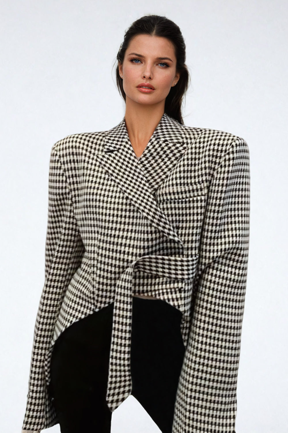 Asymmetrical Belted Blazer with Lapel Collar - Black