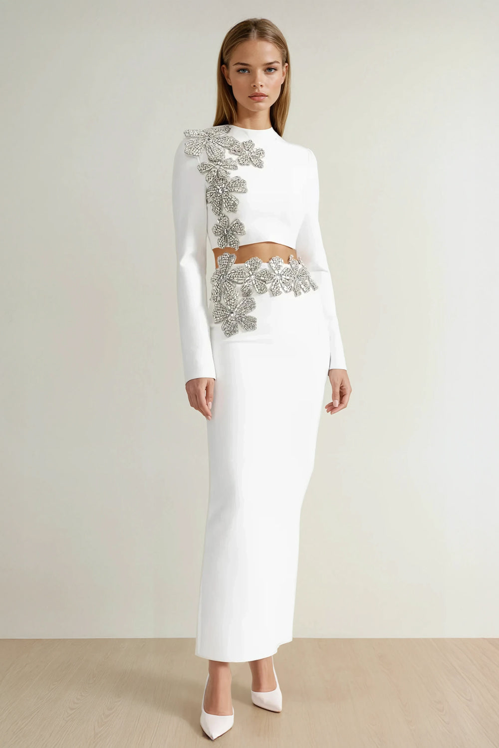 Two-Piece Set with High Neck Long Sleeve Crop Top and Maxi Skirt - White