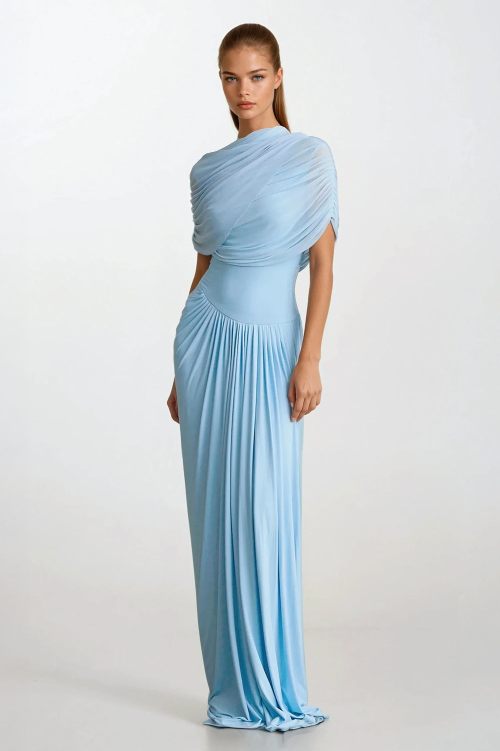 Draped Sleeves Asymmetrical Maxi Dress - Light Blue